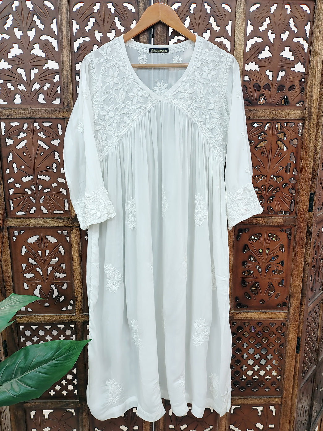 White Muslin Chikankari A-Line Kurti