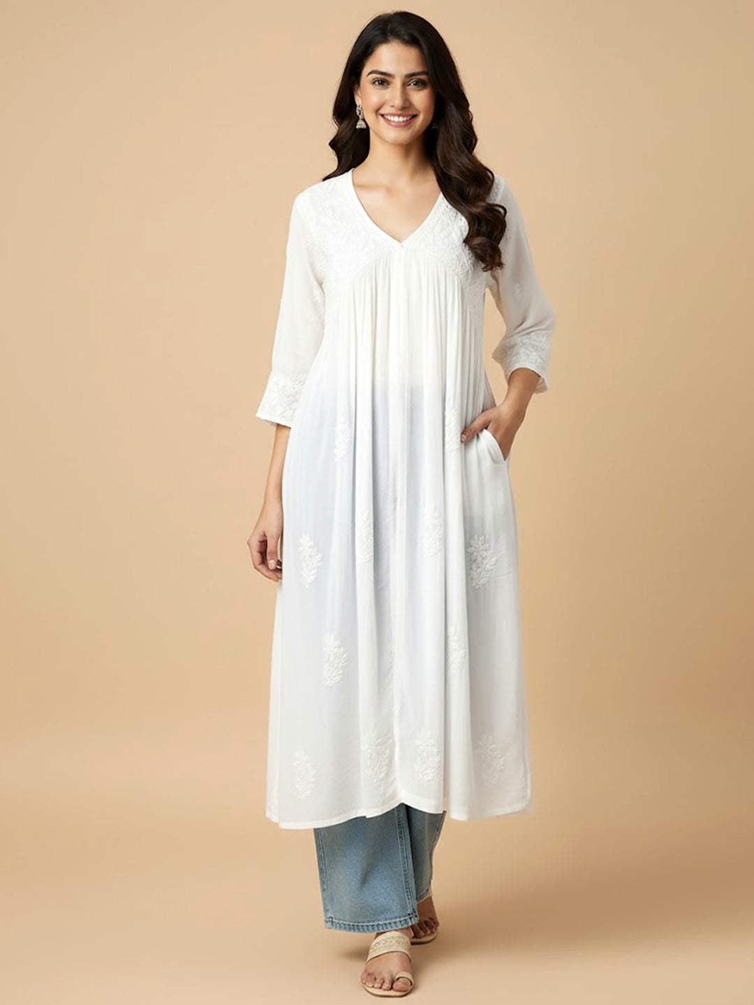 White Muslin Chikankari A-Line Kurti