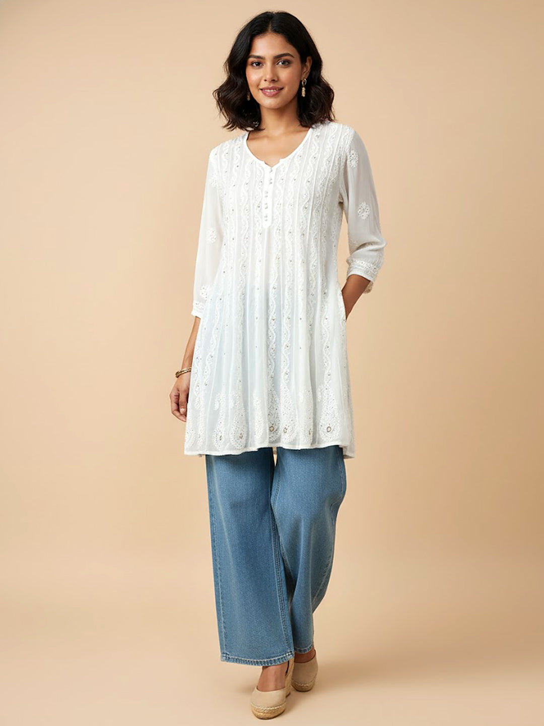 White Viscose Chikankari Short Kurti