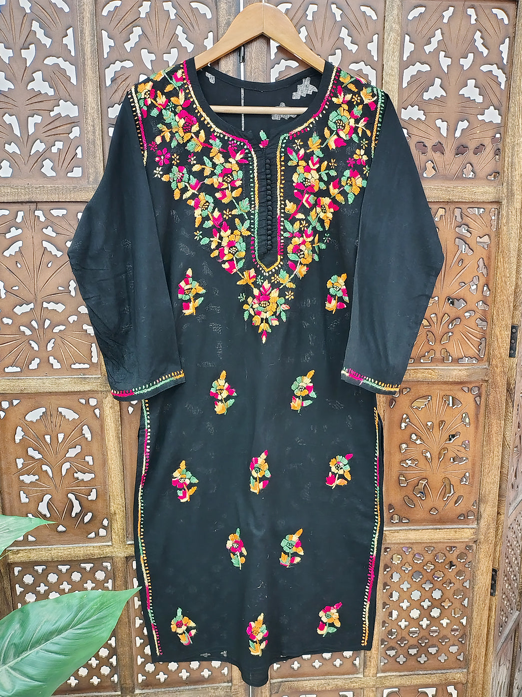 Black Multi Cotton Chikankari Straight Kurti