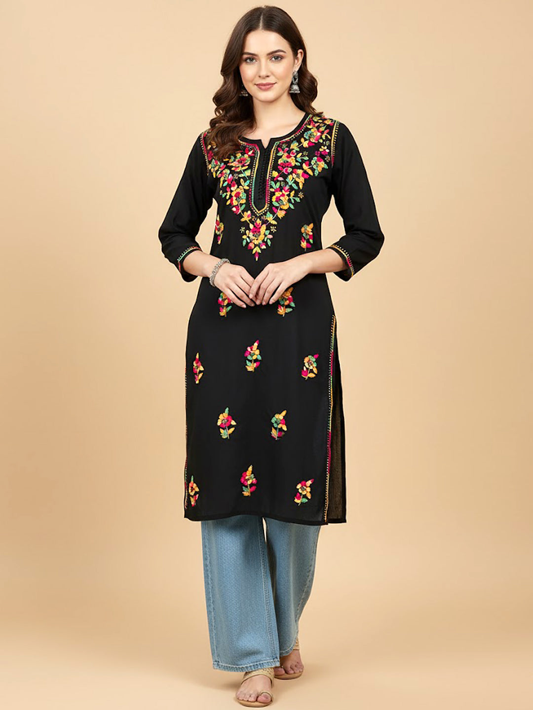 Black Multi Cotton Chikankari Straight Kurti