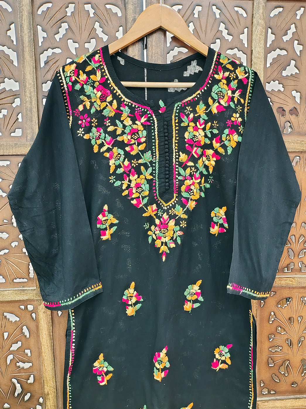 Black Multi Cotton Chikankari Straight Kurti