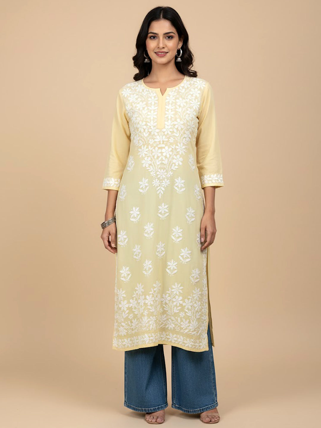 Yellow Modal Chikankari Straight Kurti
