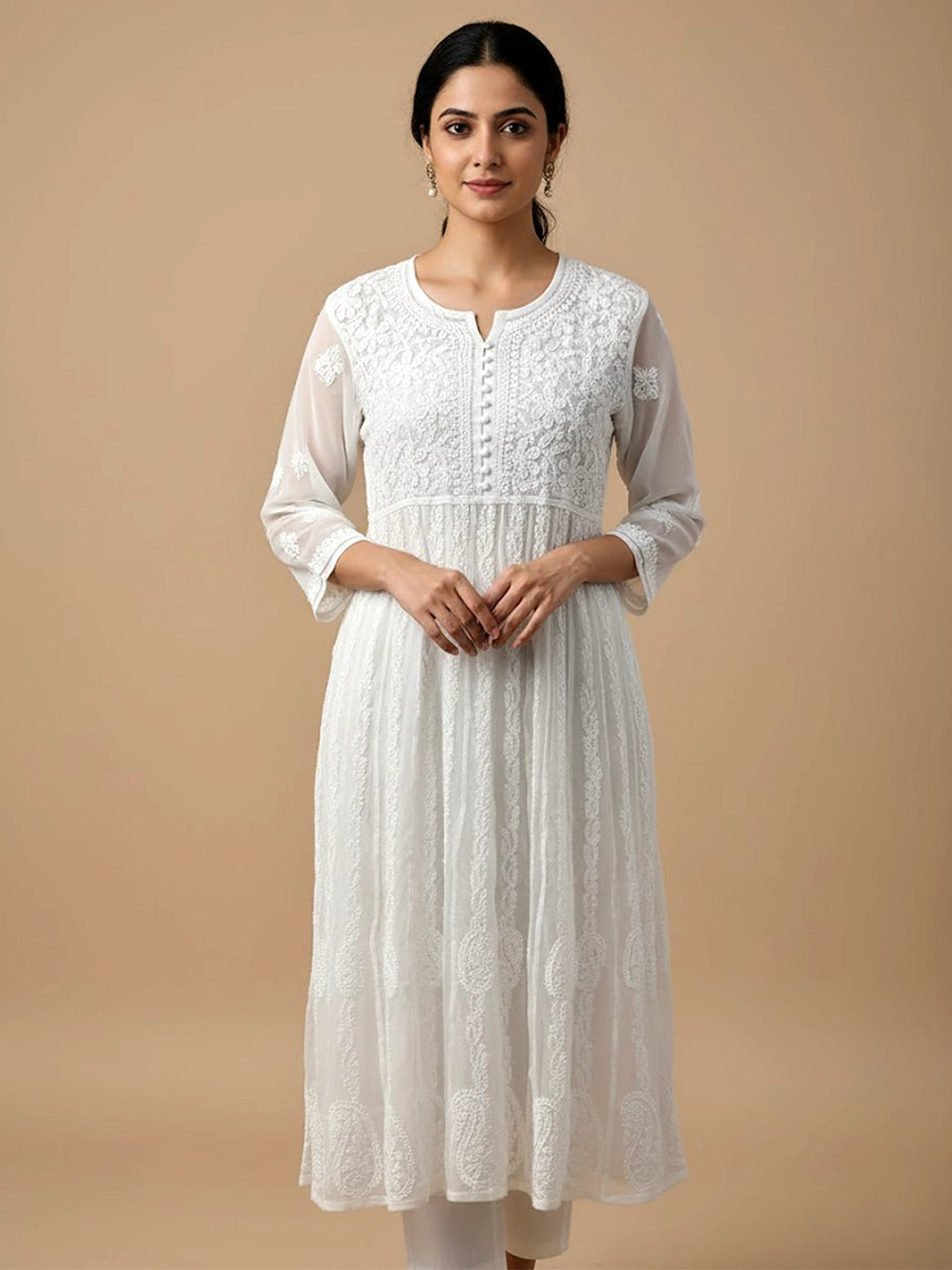 White Georgette Chikankari Anarkali Kurti