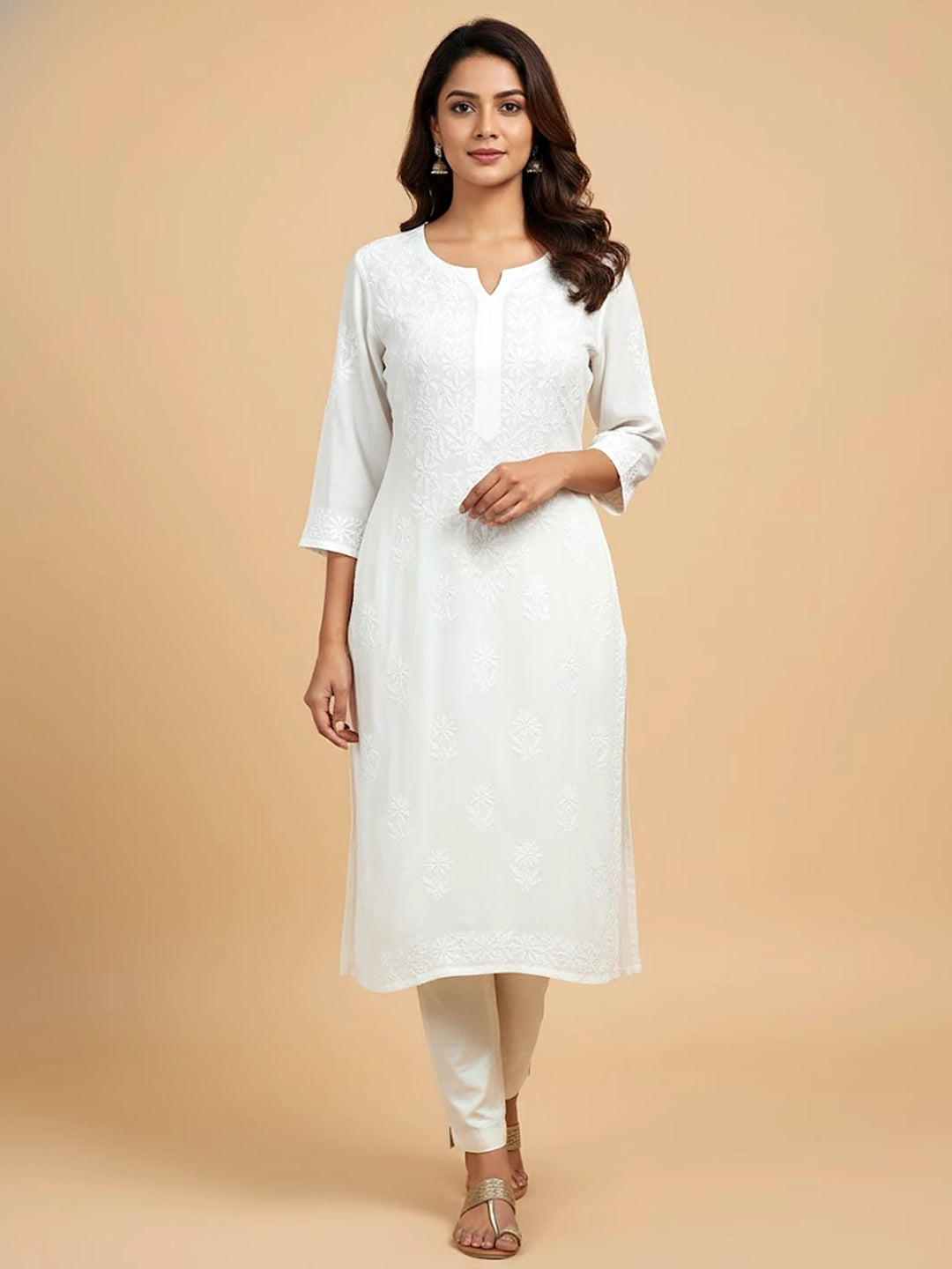 White Rayon Chikankari Straight Kurti