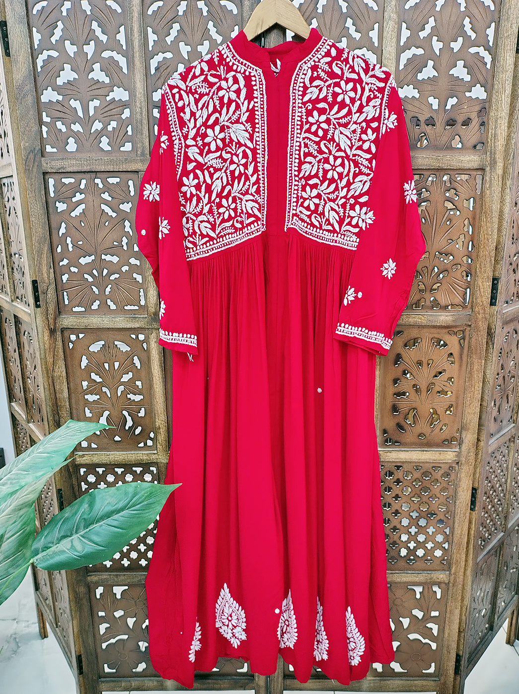 Red Rayon Chikankari Anarkali Kurti