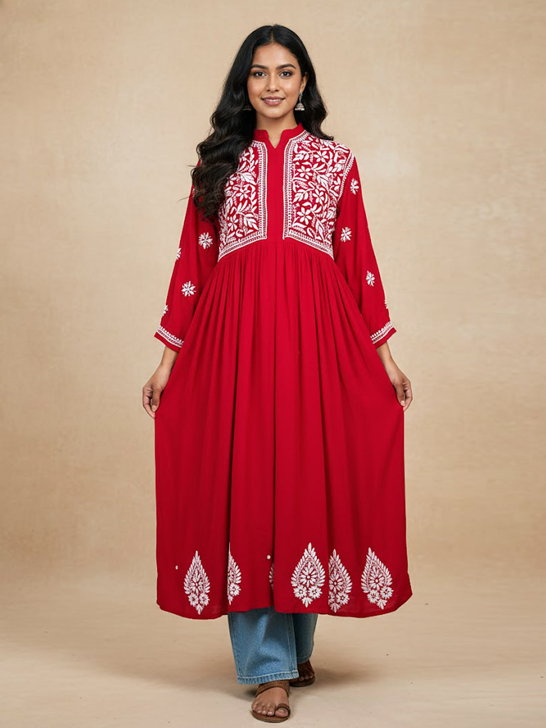Red Rayon Chikankari Anarkali Kurti