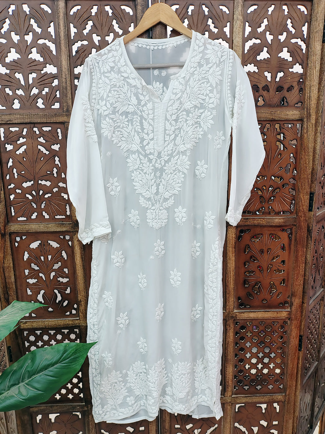 White Crepe Chikankari Straight Kurti