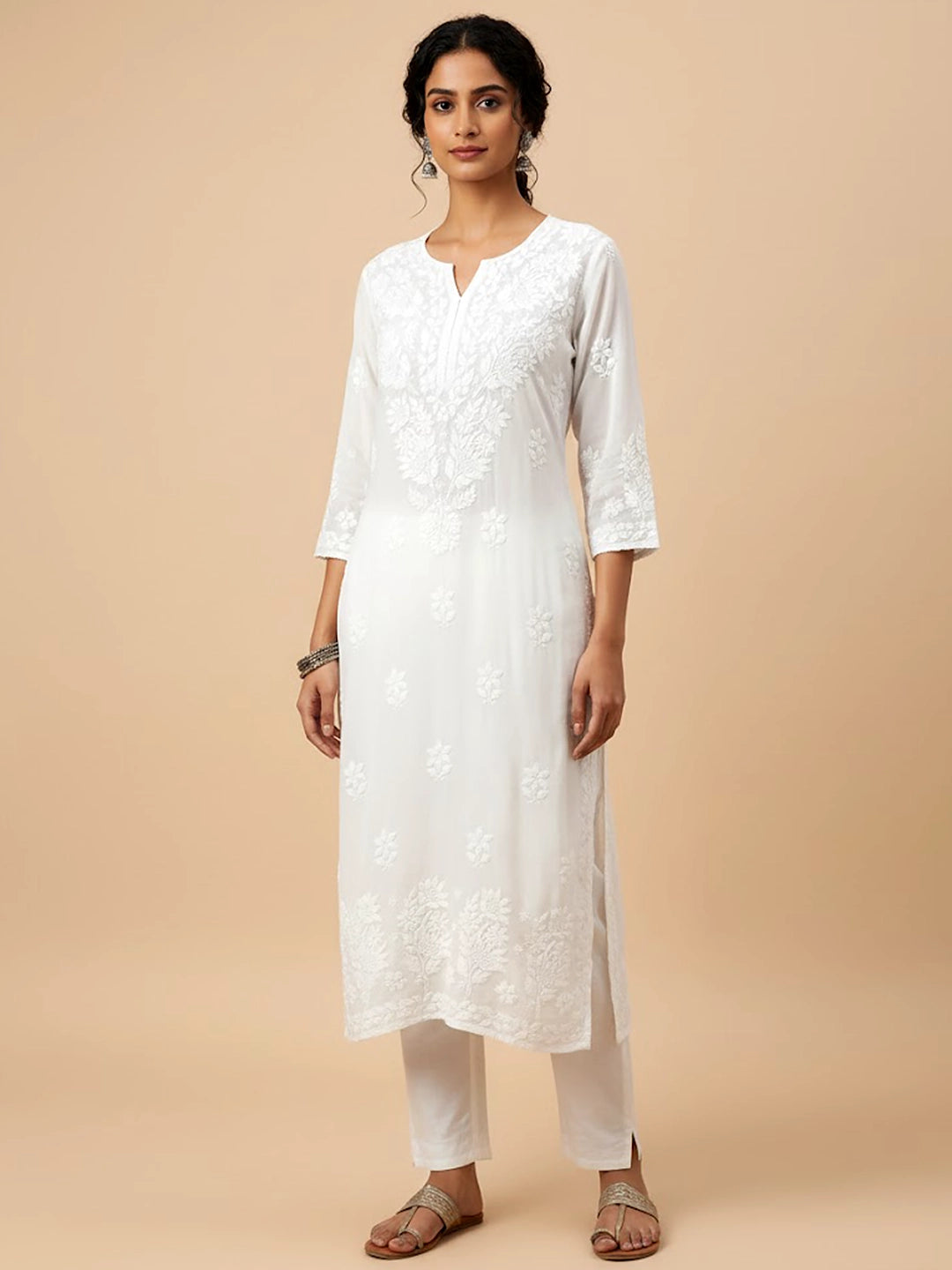 White Crepe Chikankari Straight Kurti