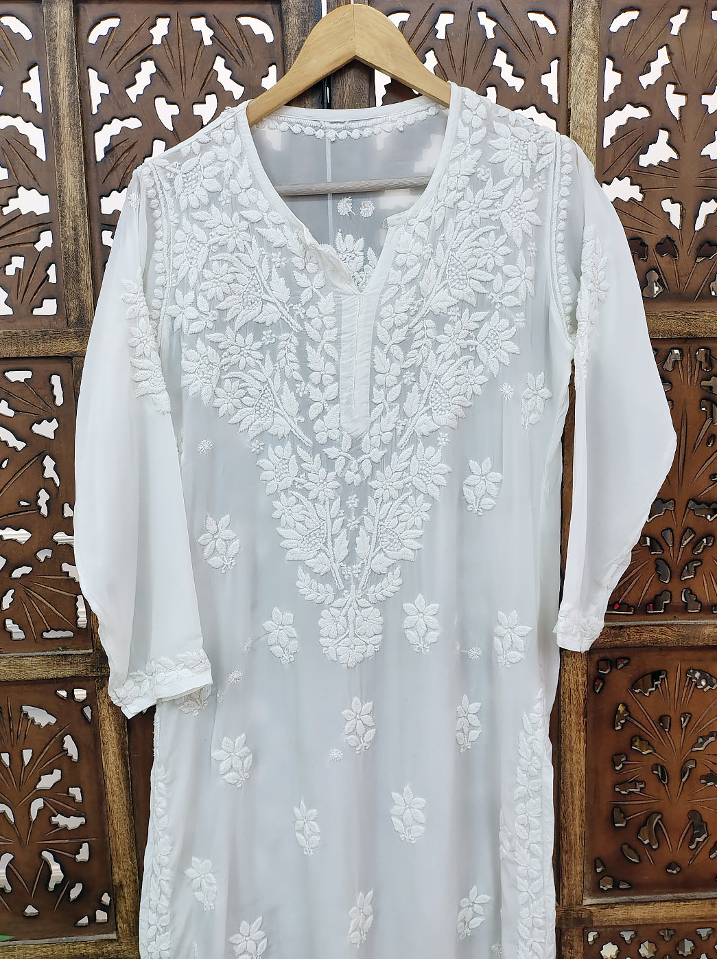 White Crepe Chikankari Straight Kurti