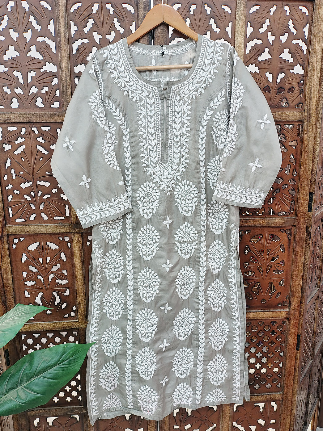 Grey Chanderi Chikankari Straight Kurti