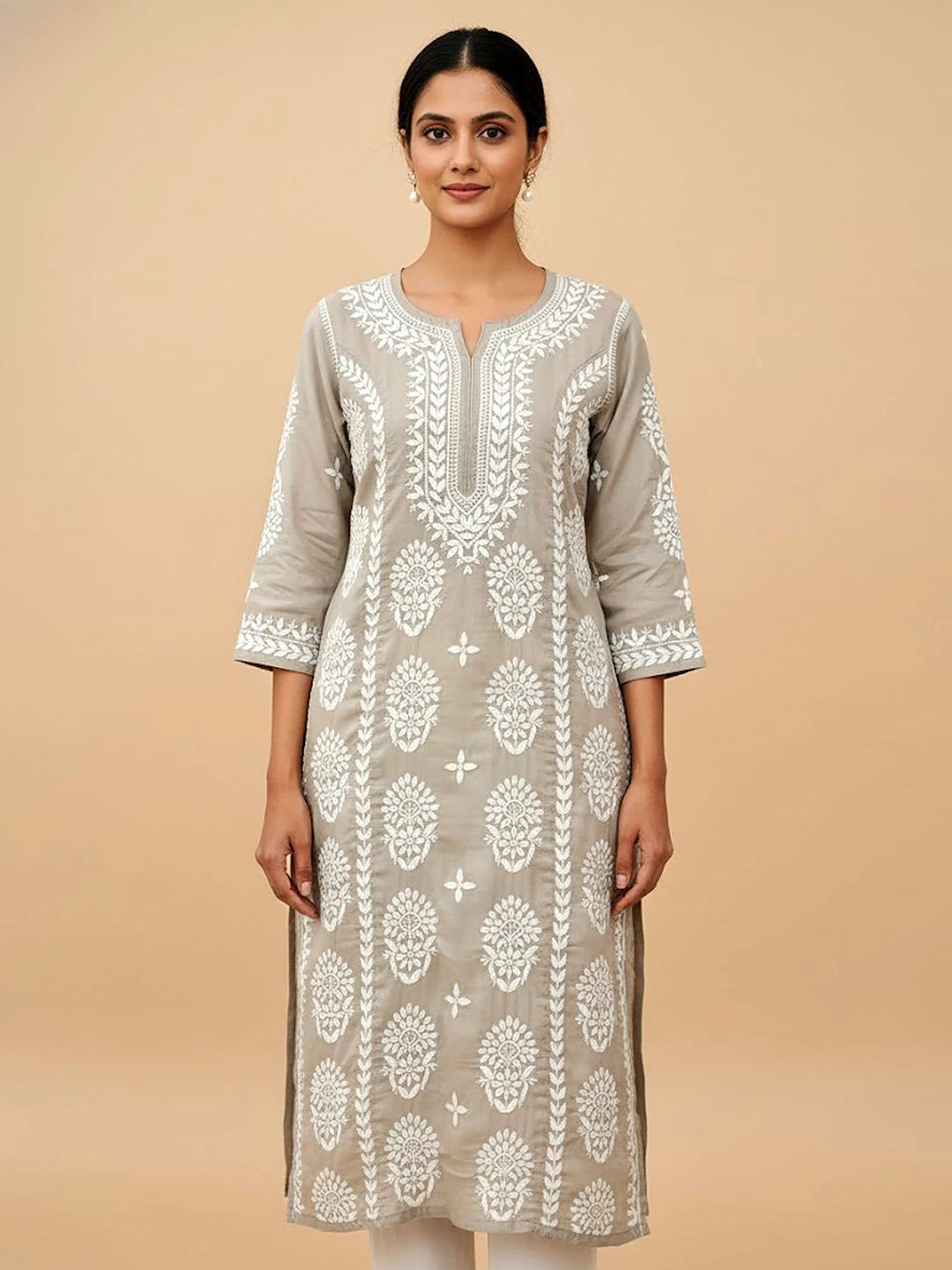 Grey Chanderi Chikankari Straight Kurti