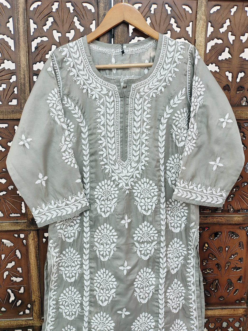 Grey Chanderi Chikankari Straight Kurti
