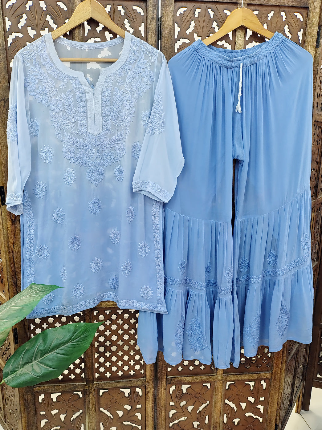 Blue Viscose Chikankari Straight Kurti Garara Set