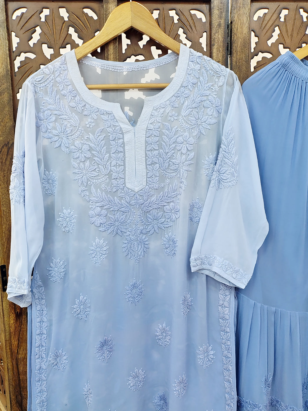 Blue Viscose Chikankari Straight Kurti Garara Set