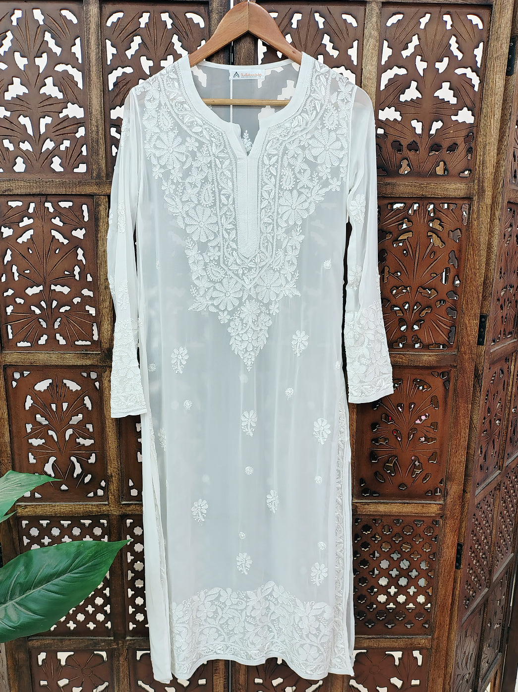 White Viscose Chikankari Straight Kurti