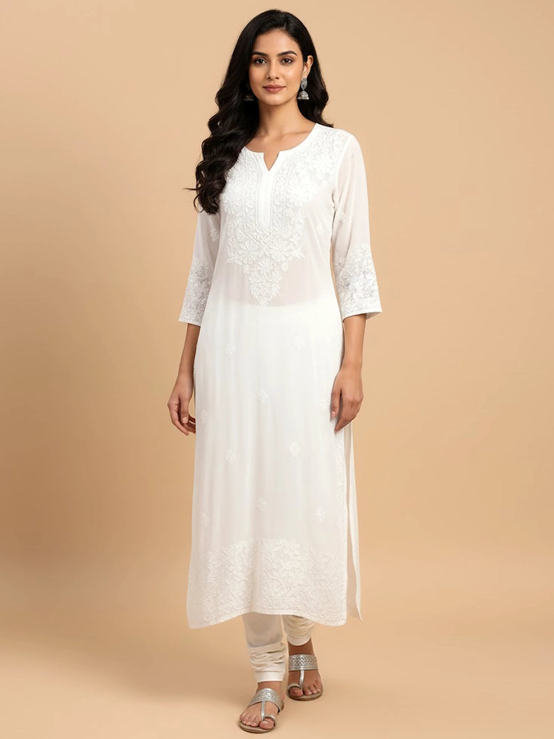 White Viscose Chikankari Straight Kurti