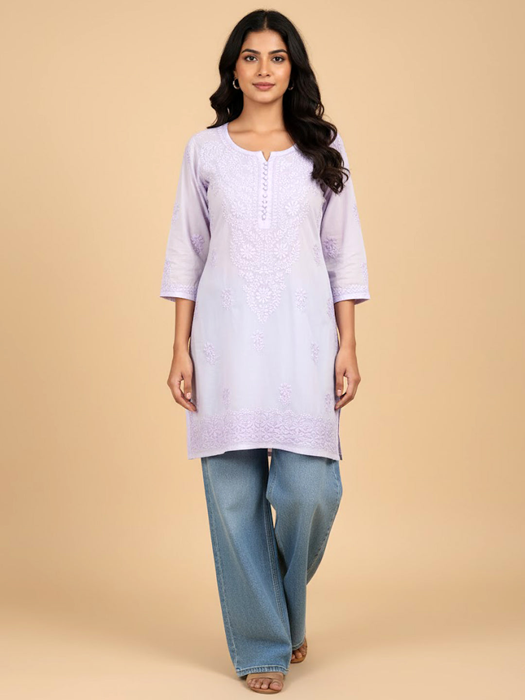 Lavender Cotton Chikankari Short Kurti