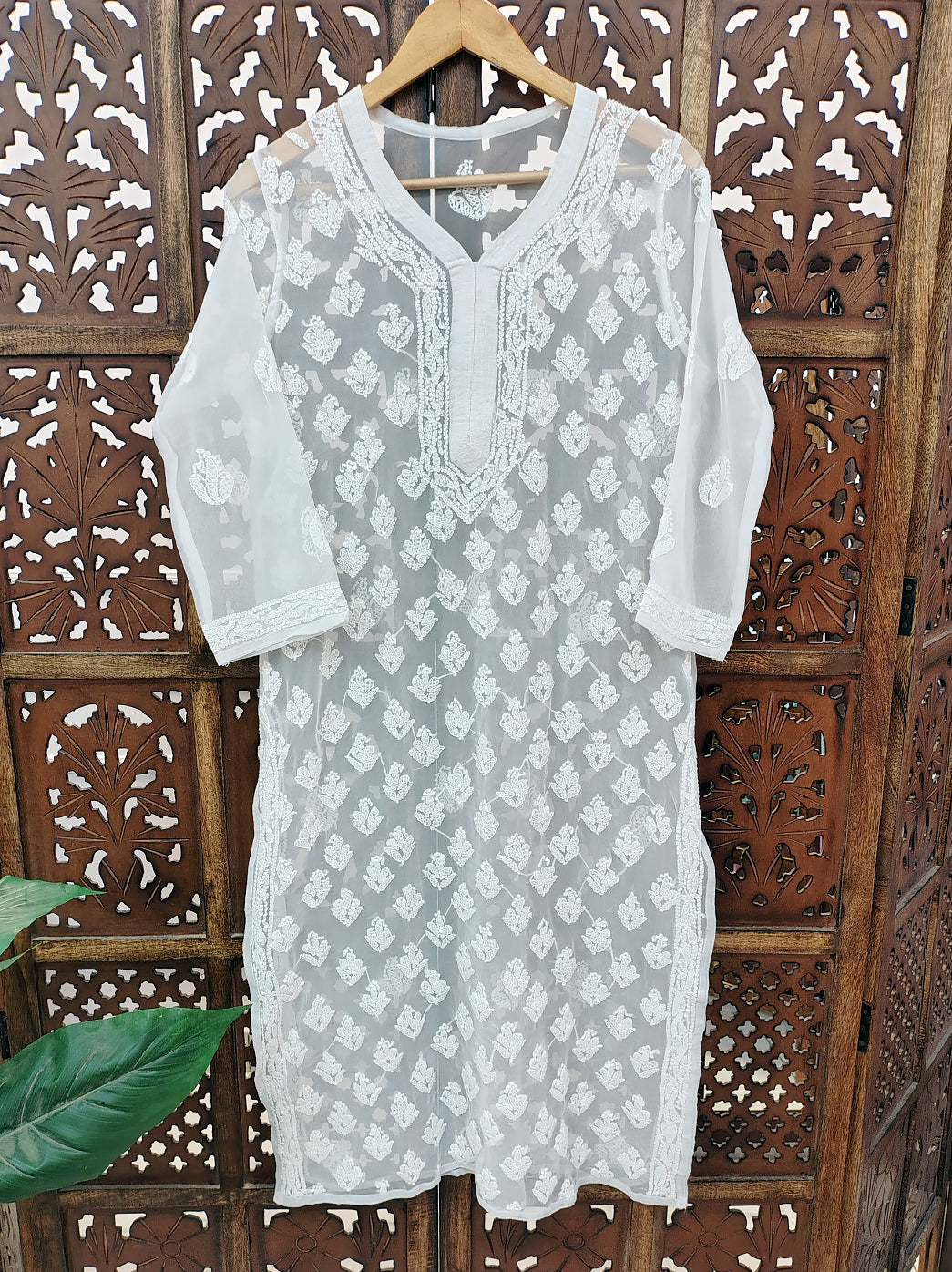 White Georgette Chikankari Straight Kurti