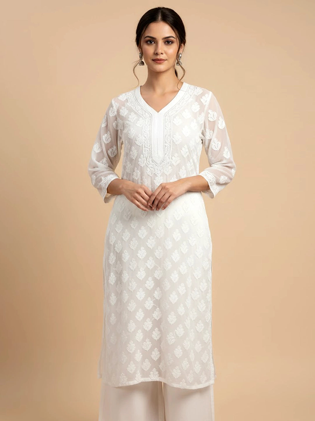 White Georgette Chikankari Straight Kurti