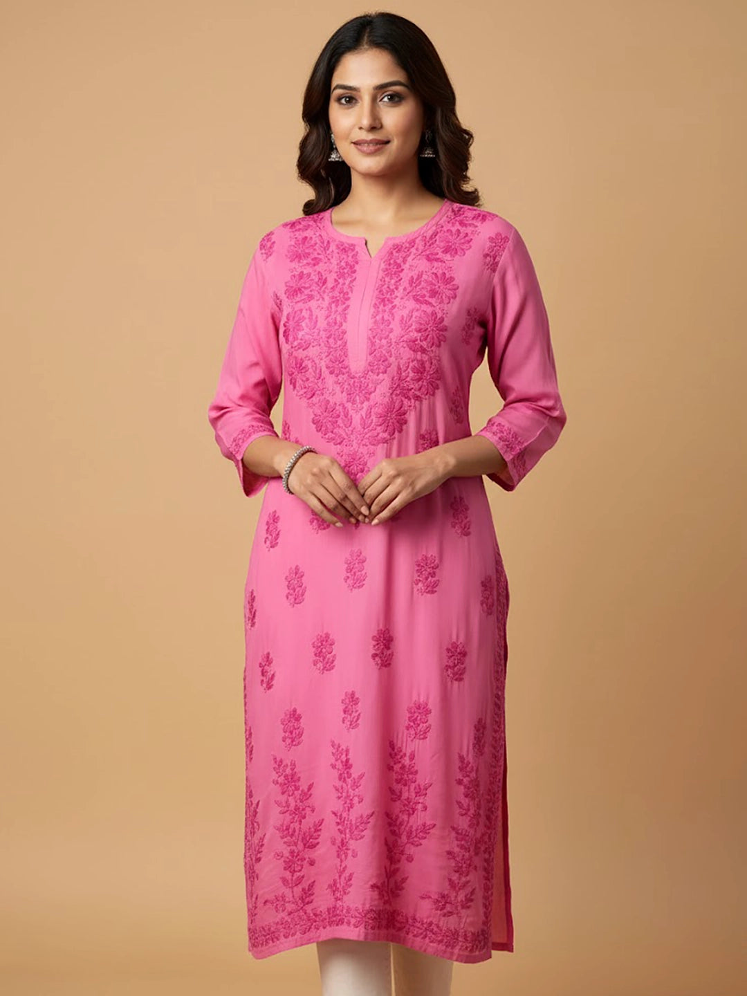Pink Modal Chikankari Straight Kurti