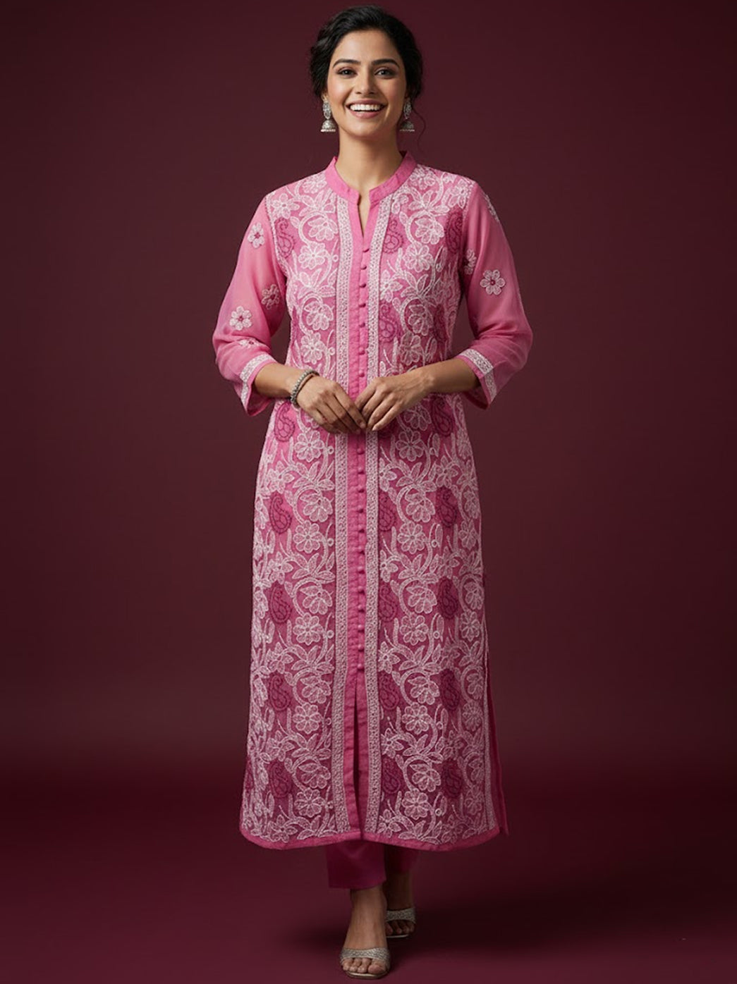 Rani Pink Georgette Chikankari Straight Kurti