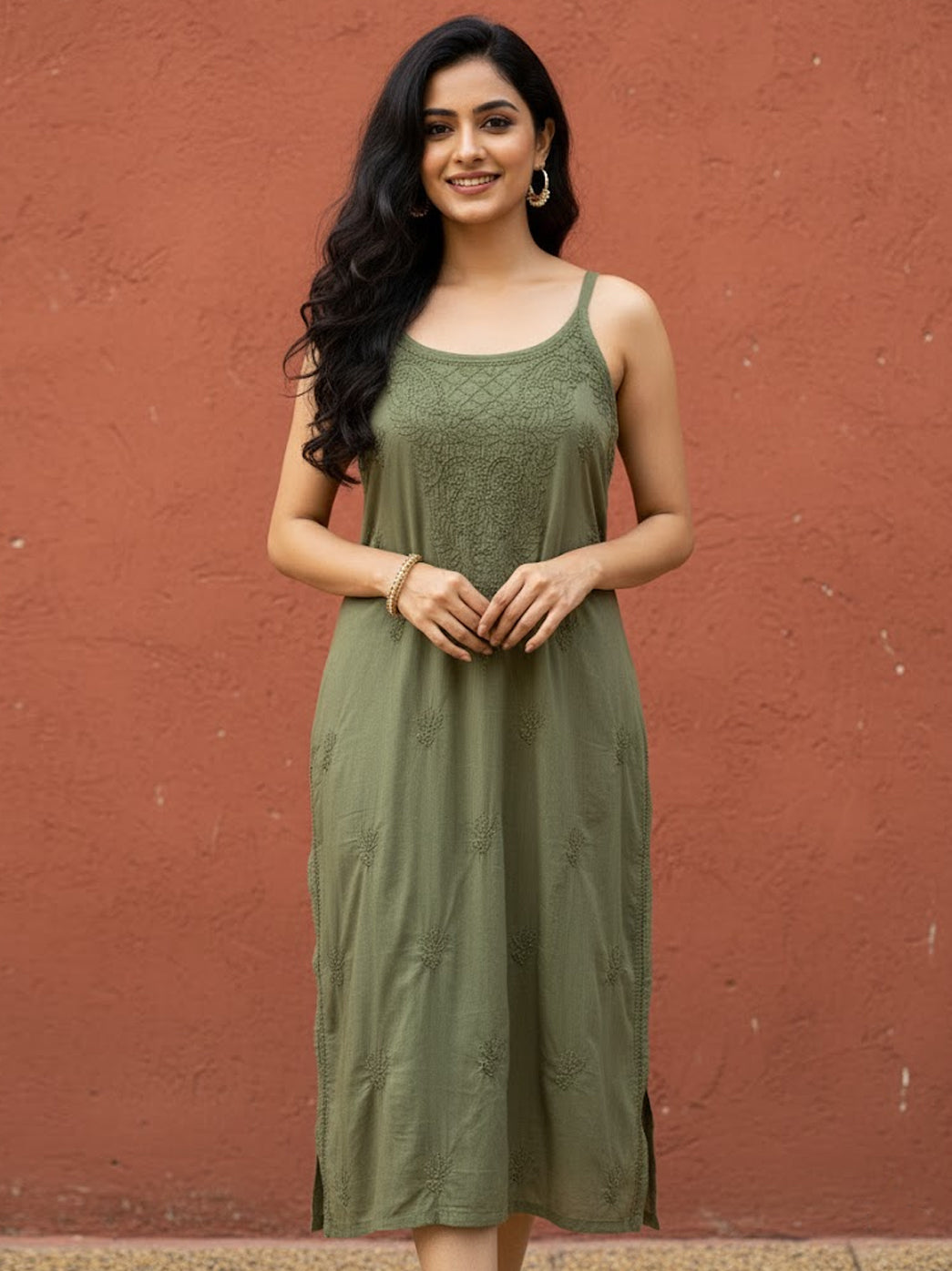 Green Cotton Chikankari Strappy Kurta