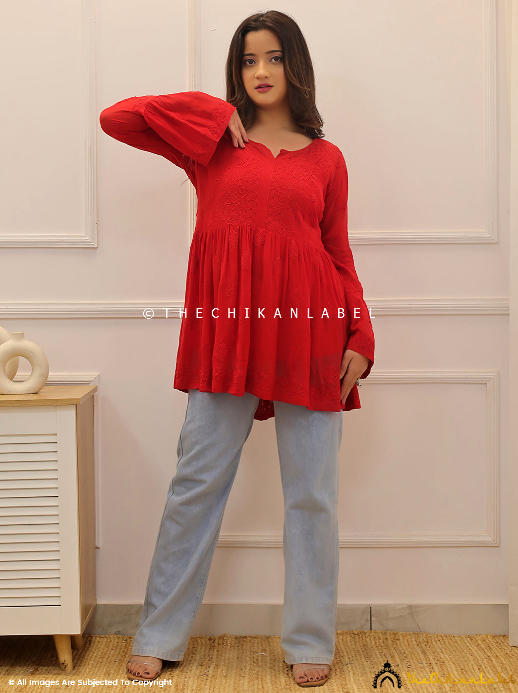 Red Viscose Chikankari Short Top