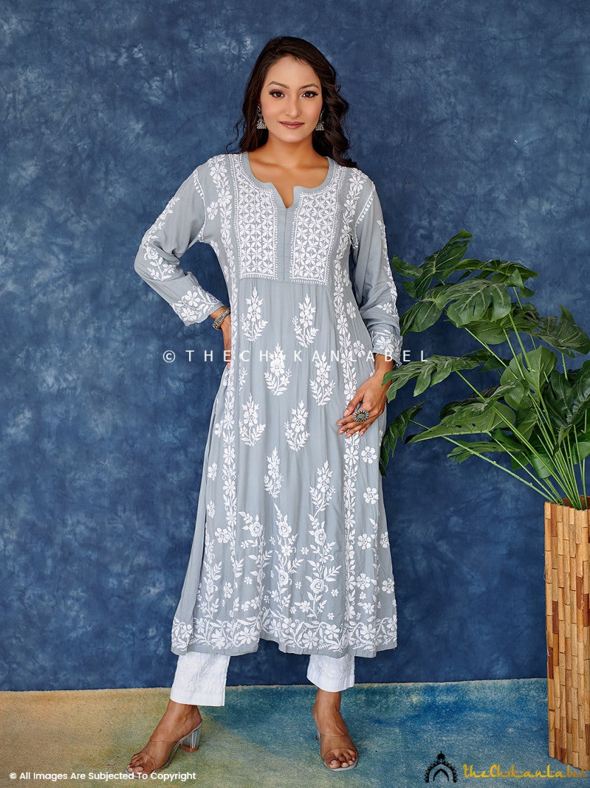 Grey Modal Chikankari Anarkali Kurta ,Chikankari Anarkali Kurta in Modal Fabric For woman