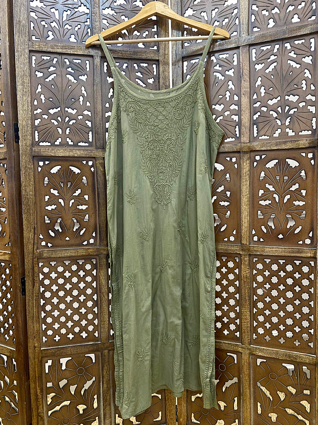 Green Cotton Chikankari Strappy Kurta