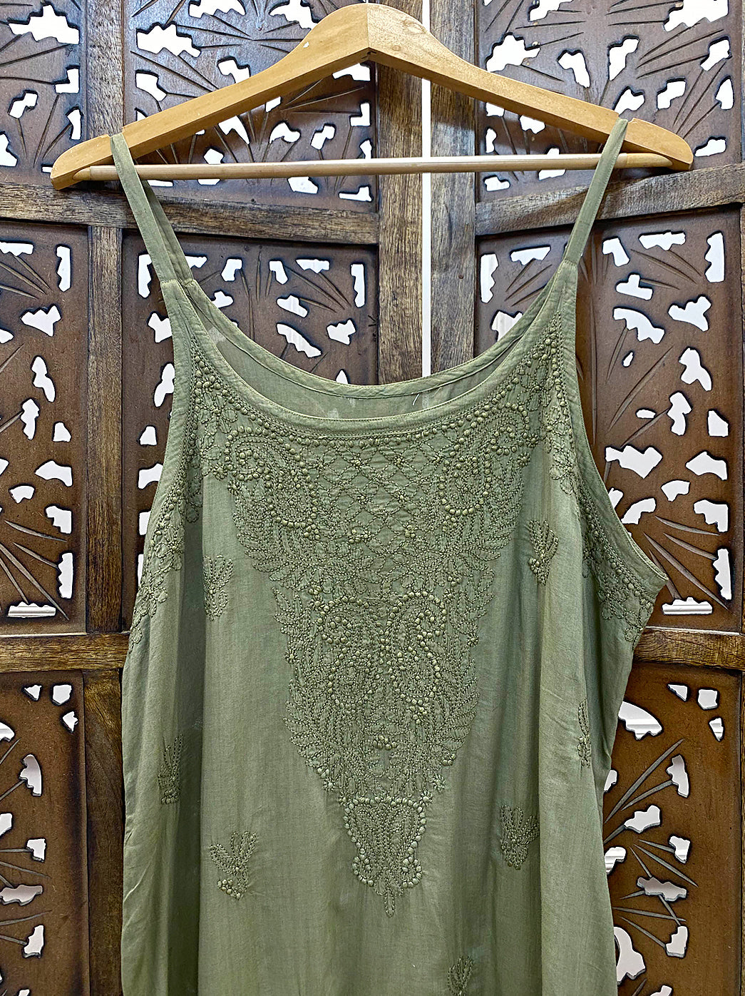 Green Cotton Chikankari Strappy Kurta