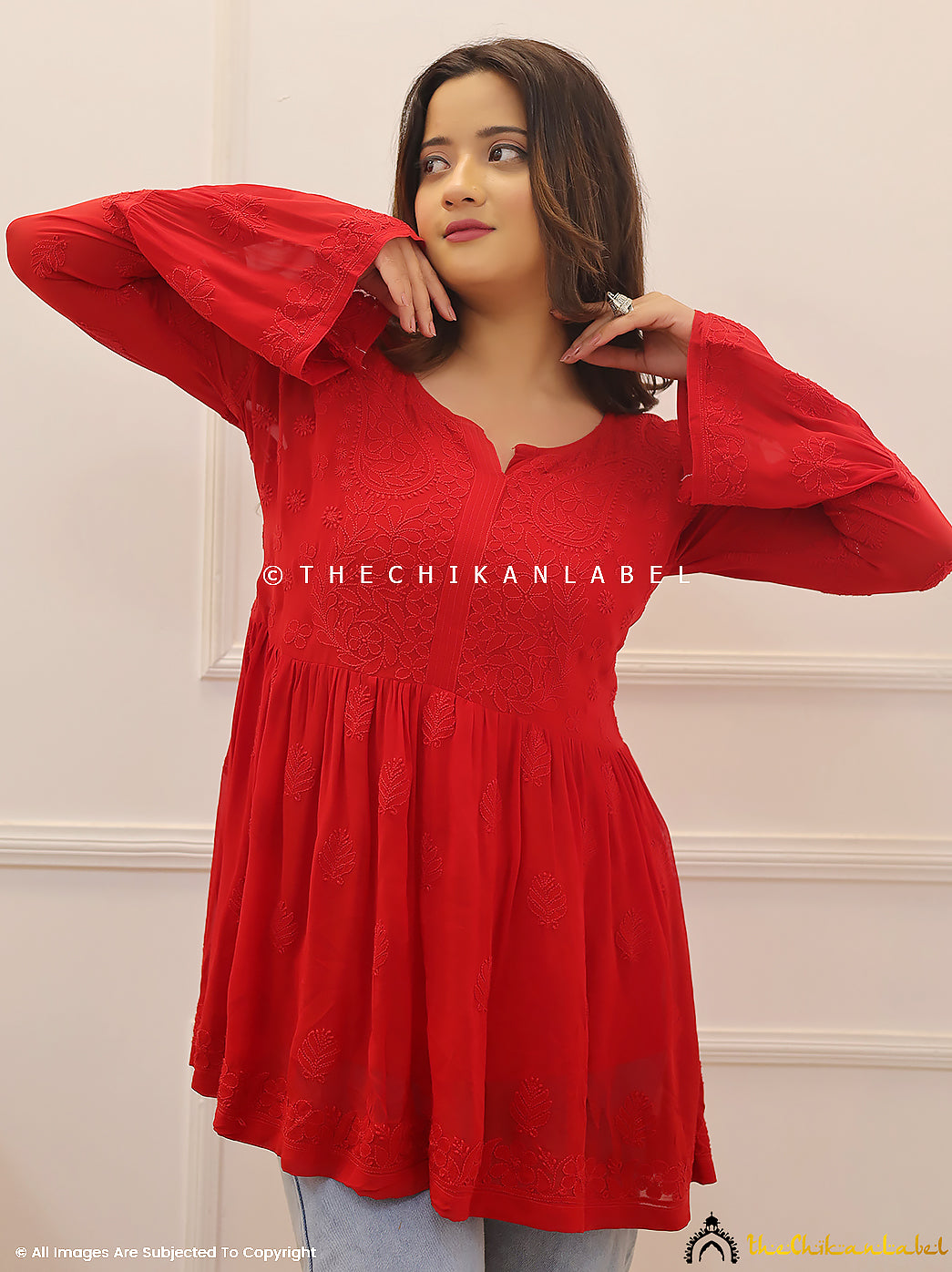 Red Viscose Chikankari Short Top