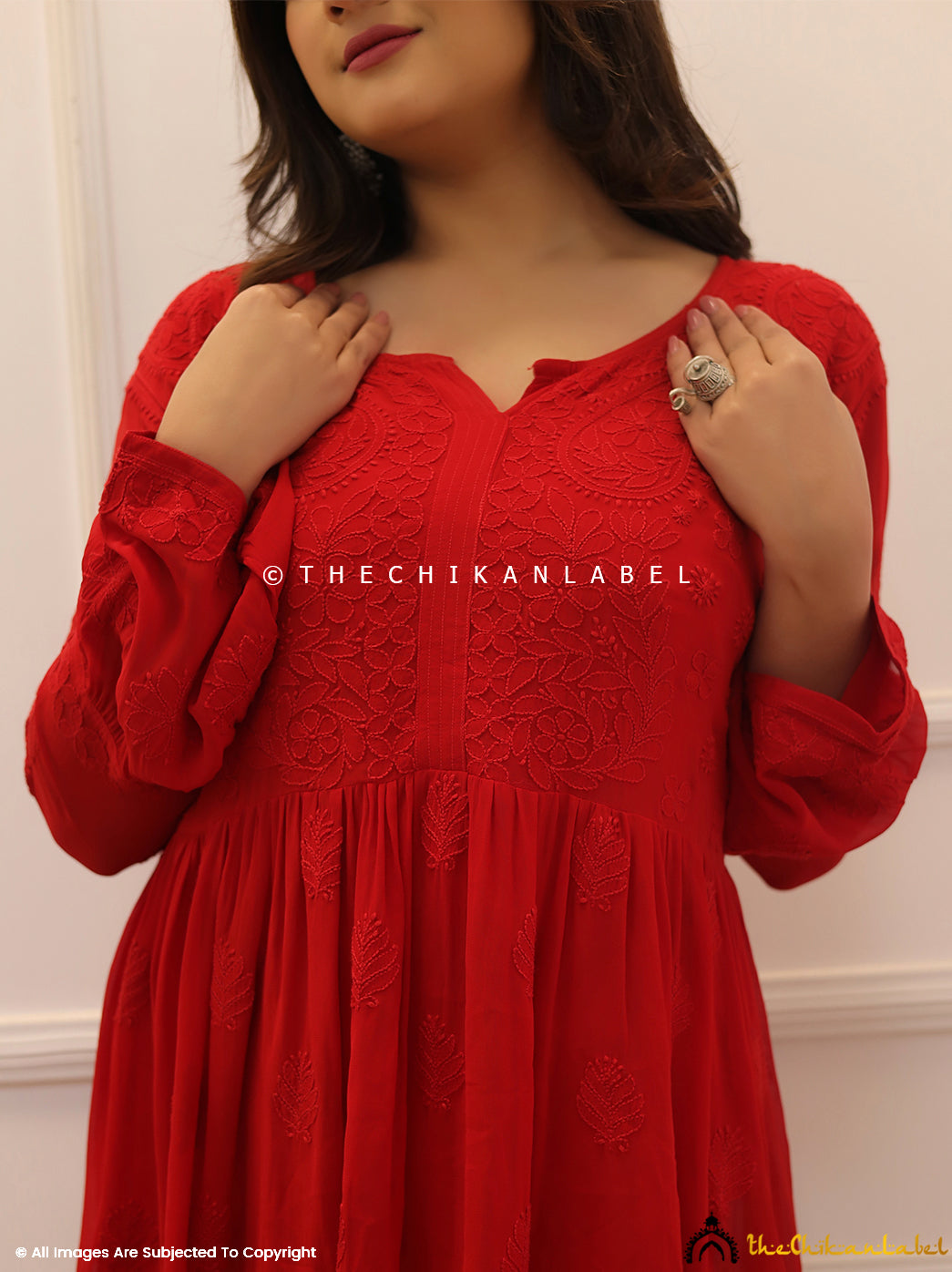 Red Viscose Chikankari Short Top