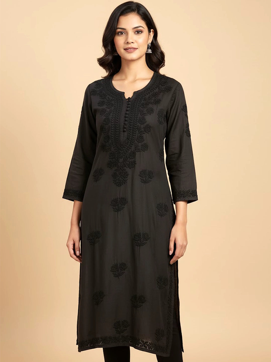 Black Muslin Chikankari Straight Kurti