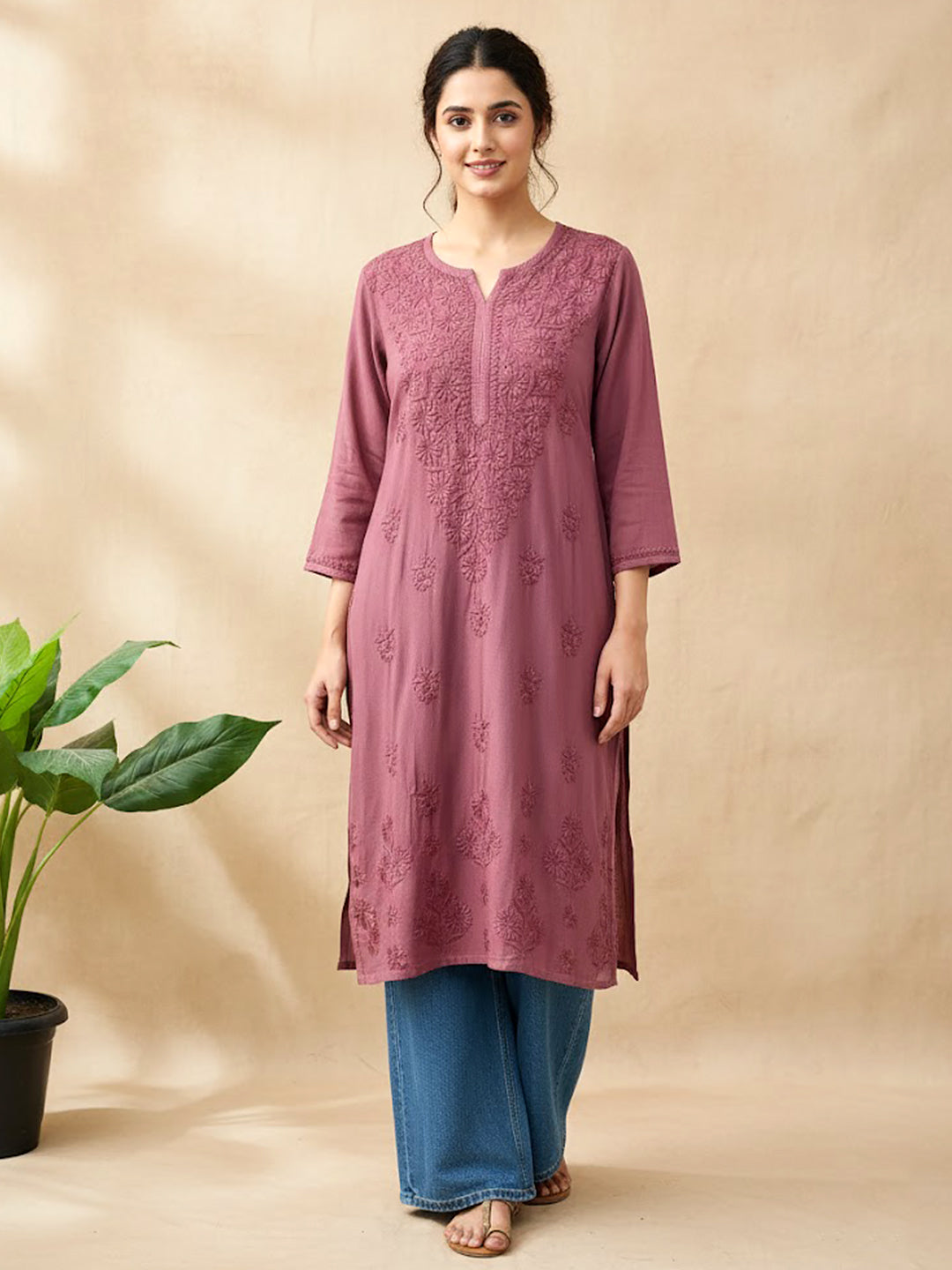 Choco Modal Chikankari Straight Kurti