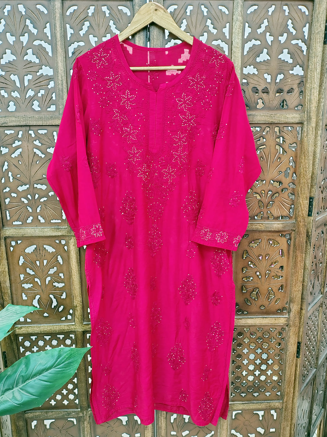 Red Chanderi Chikankari Straight Kurti