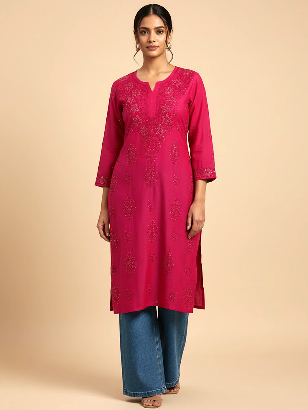 Red Chanderi Chikankari Straight Kurti