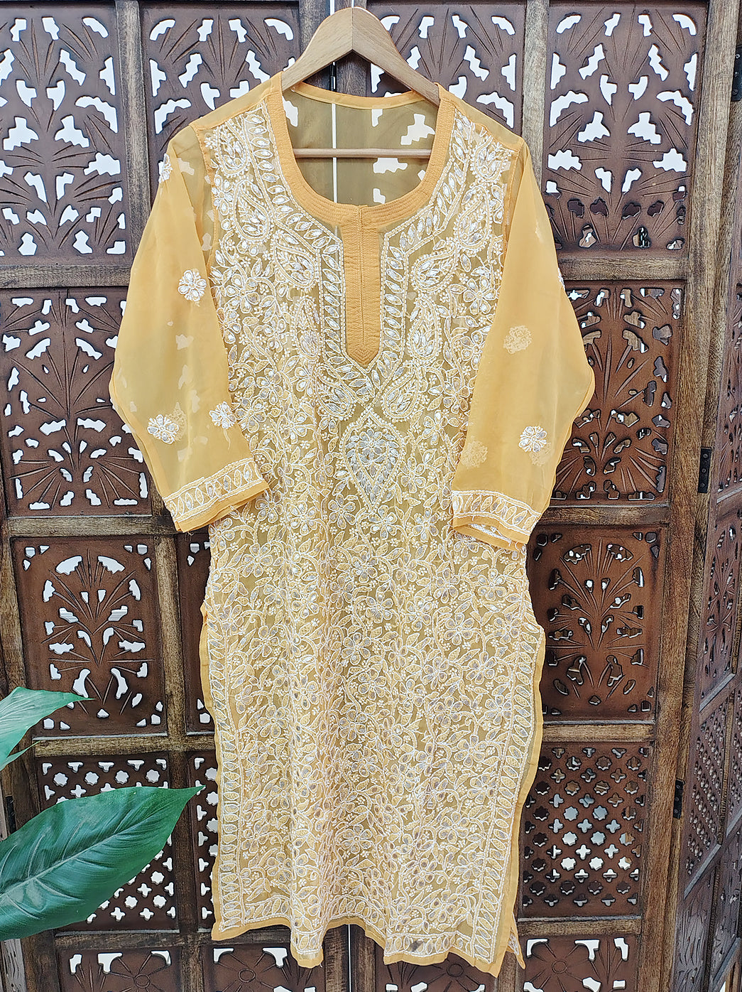 Yellow Georgette Chikankari Straight Kurti