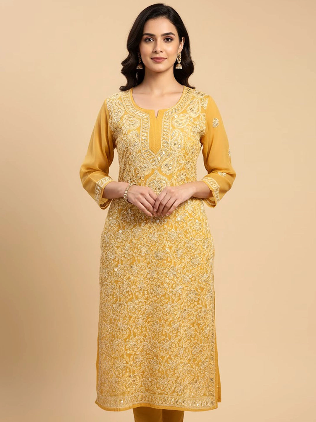 Yellow Georgette Chikankari Straight Kurti