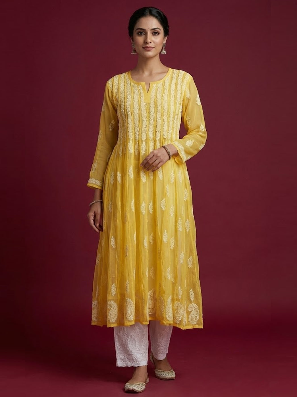 Yellow Georgette Chikankari 56 Kali Anarkali Kurti