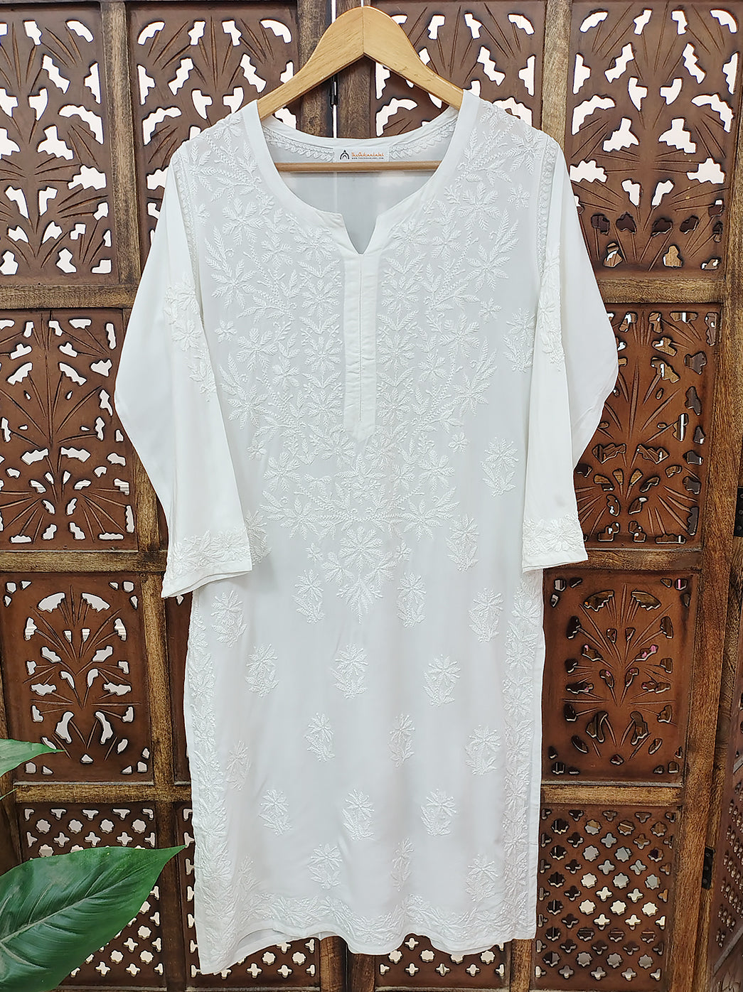 White Rayon Chikankari Straight Kurti