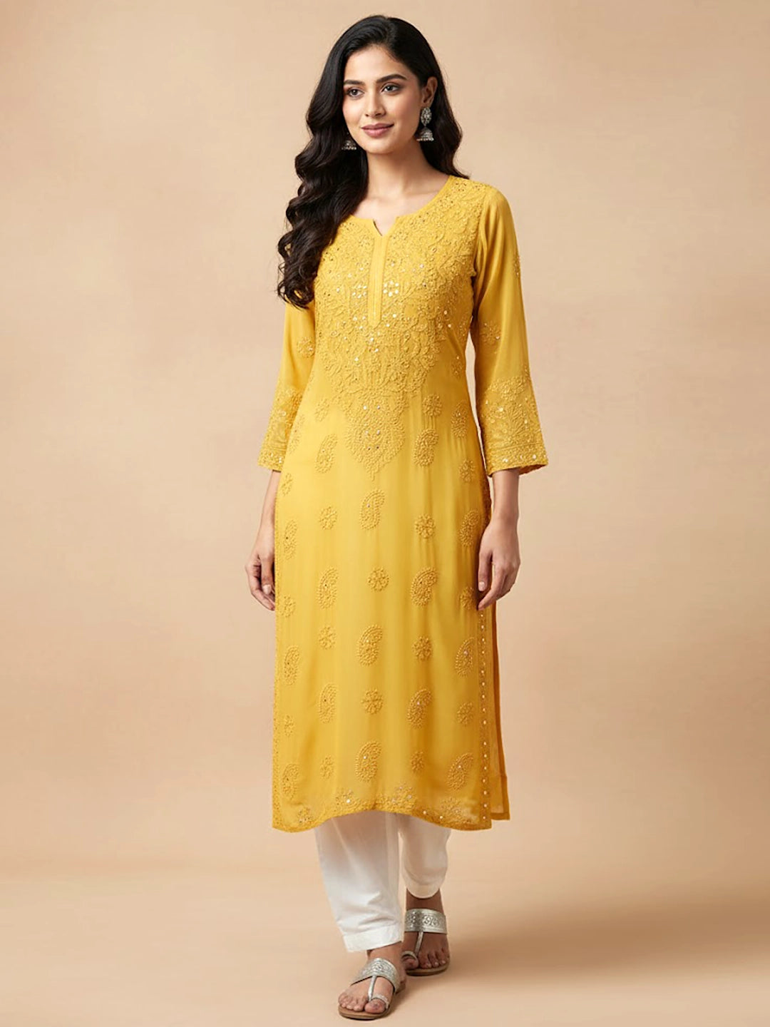 Yellow Viscose Chikankari Straight Kurti