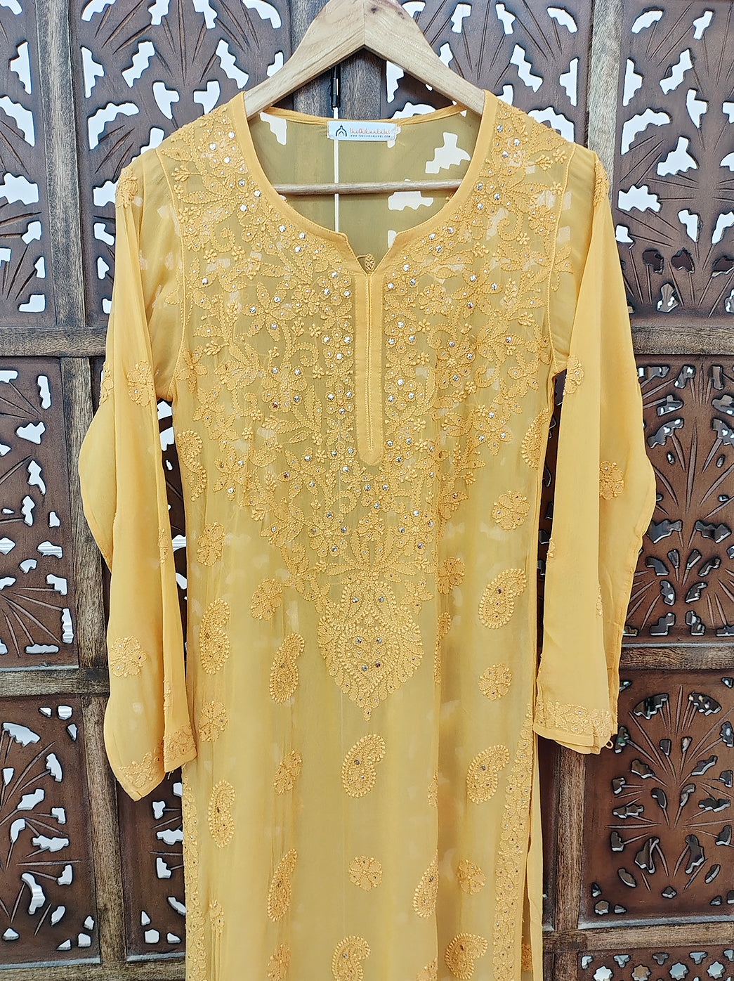 Yellow Viscose Chikankari Straight Kurti