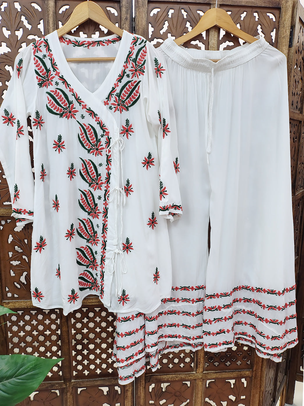 White Modal Chikankari Angrakha Kurti Palazzo Set