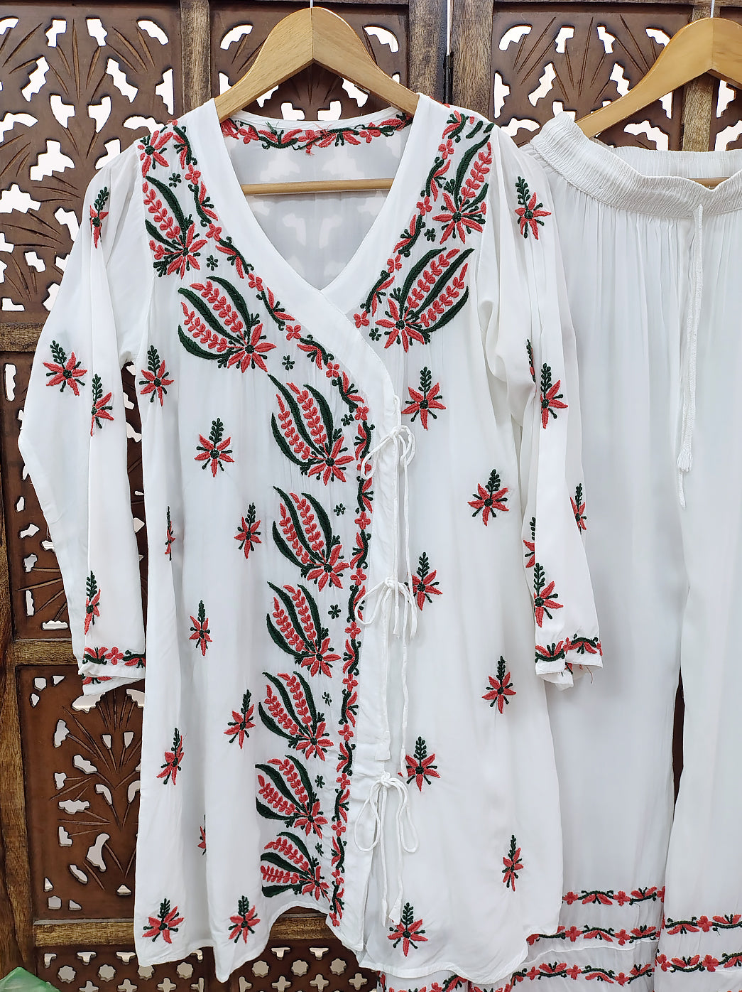 White Modal Chikankari Angrakha Kurti Palazzo Set