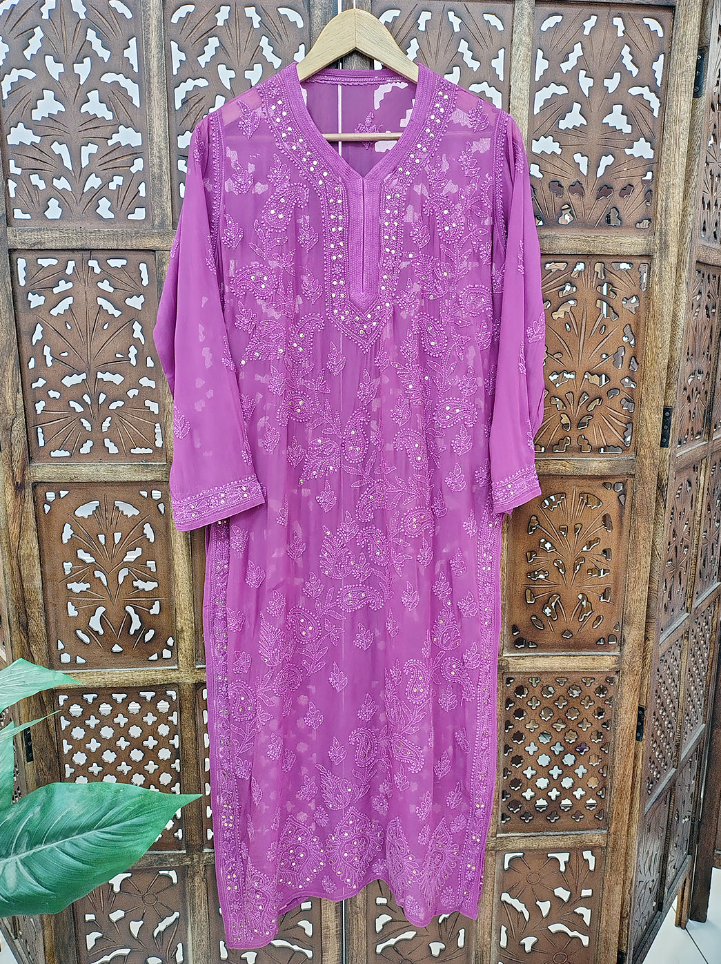 Purple Viscose Chikankari Straight Kurti