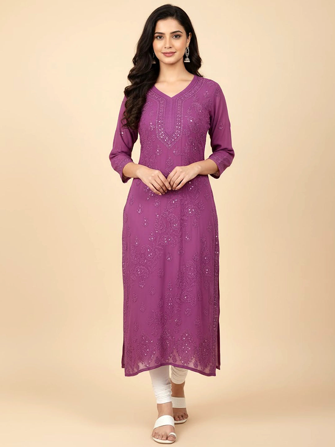 Purple Viscose Chikankari Straight Kurti
