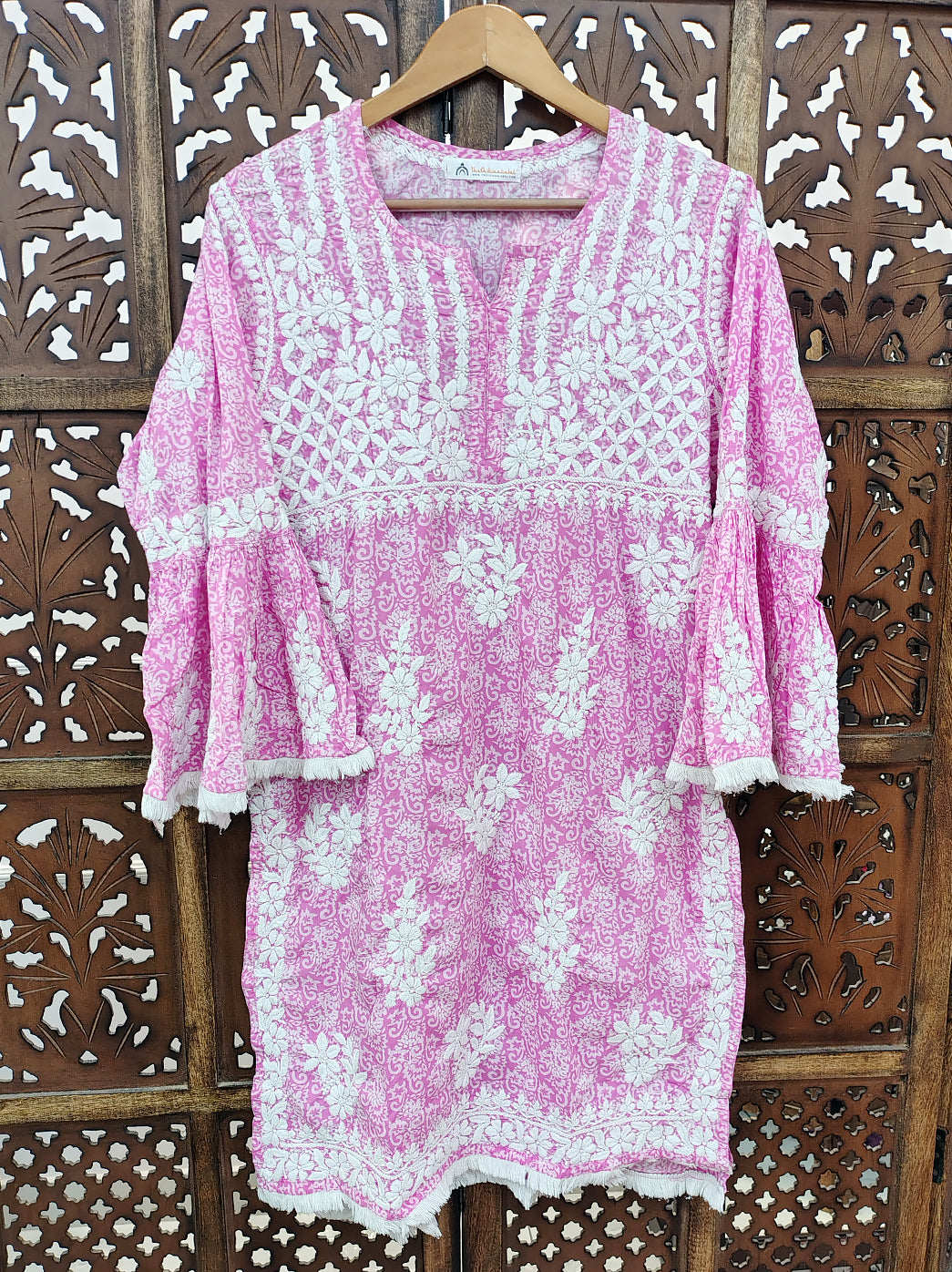 Pink Mulmul Printed Chikankari Short Kurti