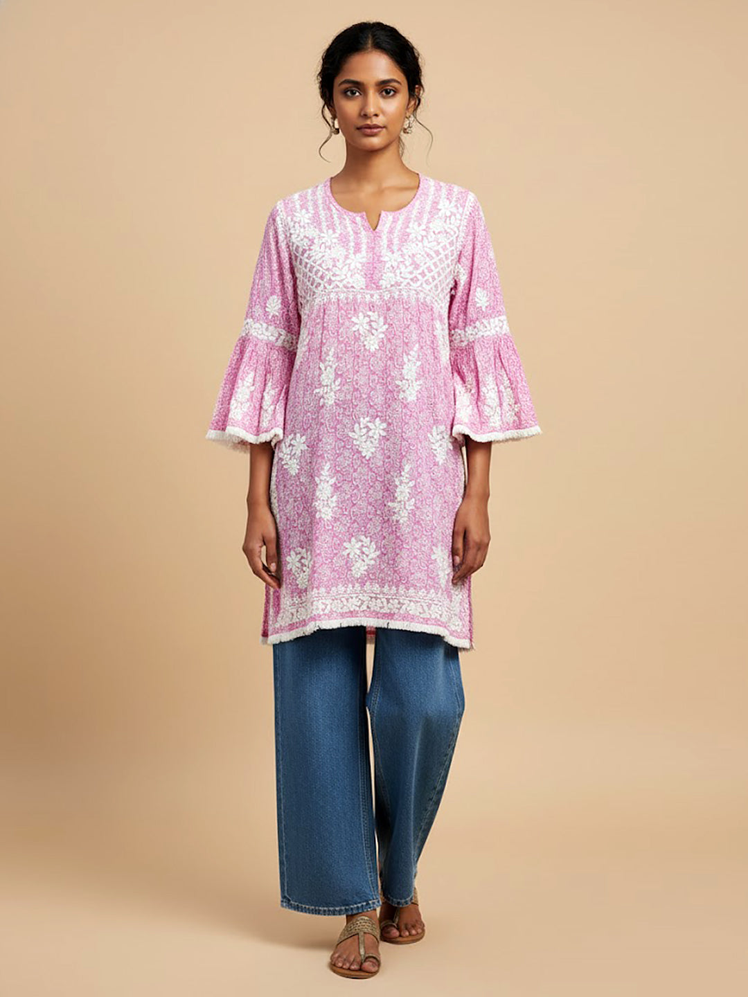 Pink Mulmul Printed Chikankari Short Kurti