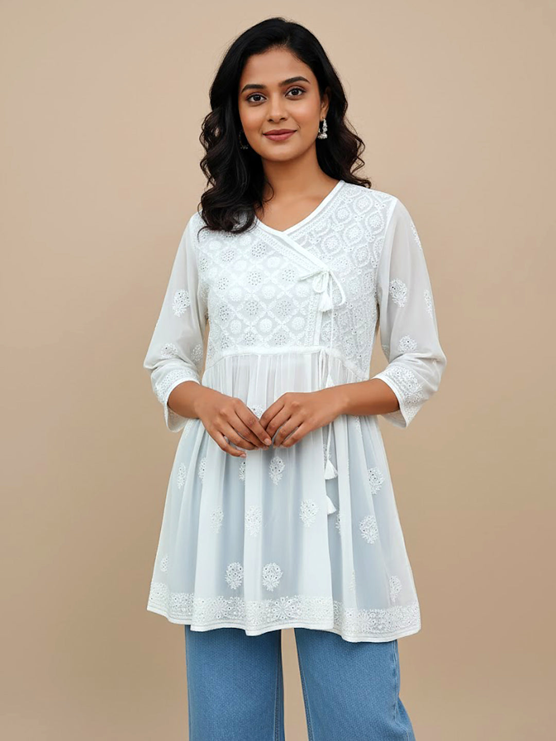 White Viscose Chikankari Short Angrakha